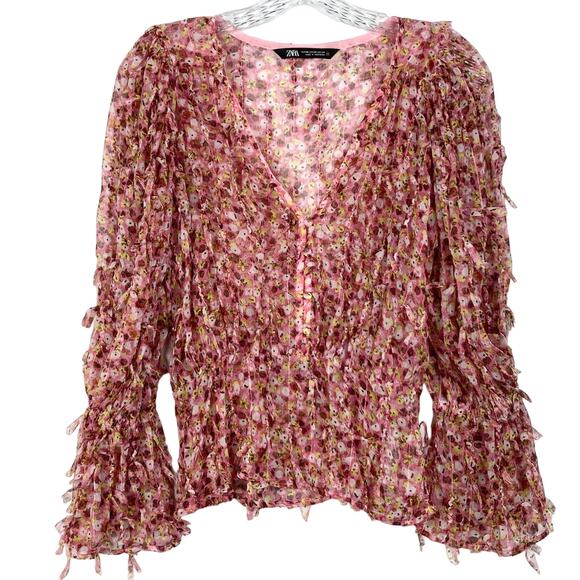 NWOT ZARA Top XS Pink Sheer Chiffon Ruffle Peplum Elastic Waist V Neck 4 Button - Picture 1 of 5